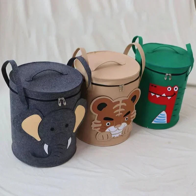 Cartoon Animal Felt Toy Storage Bin with Lid