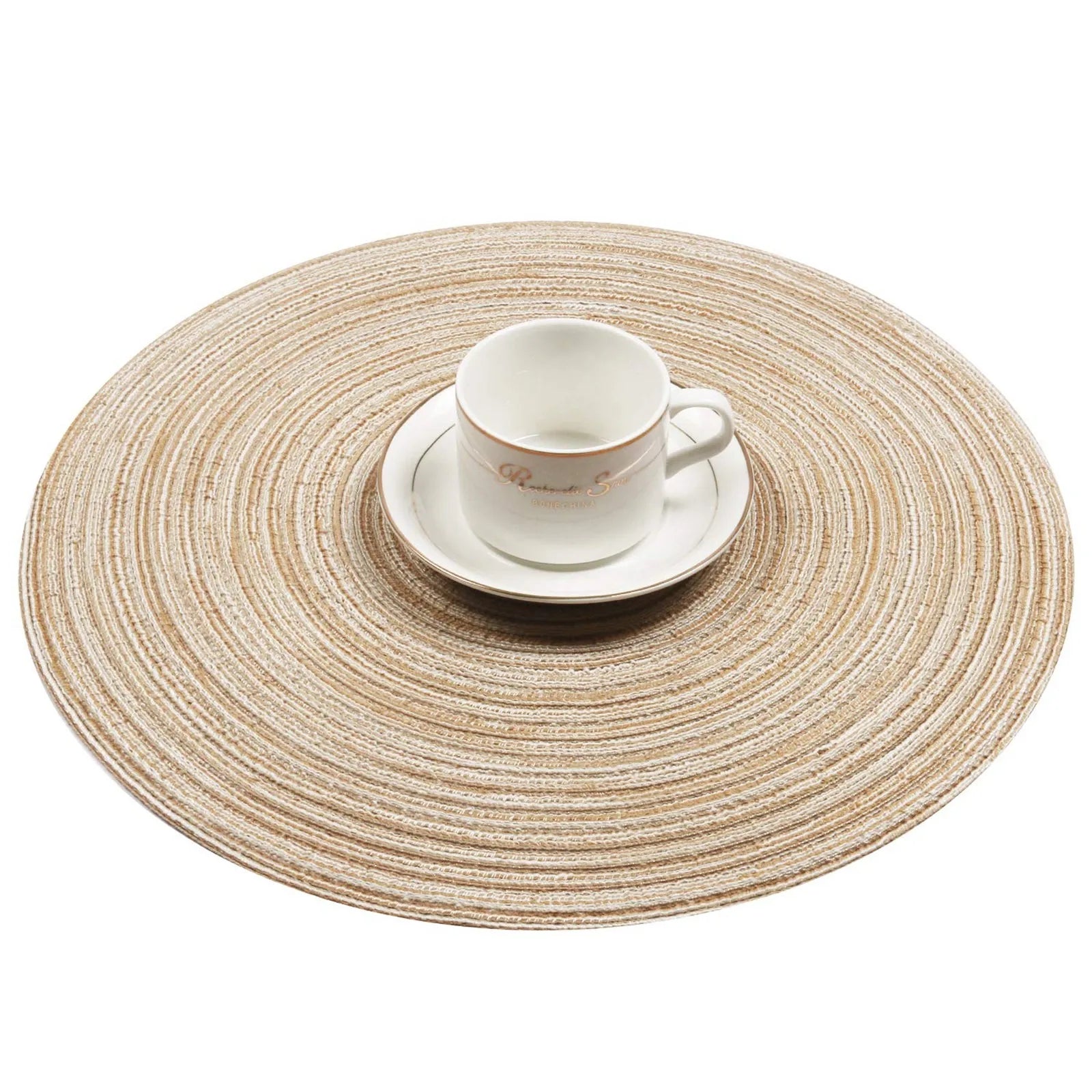 Round braided placemat with white cup and saucer placed on top
