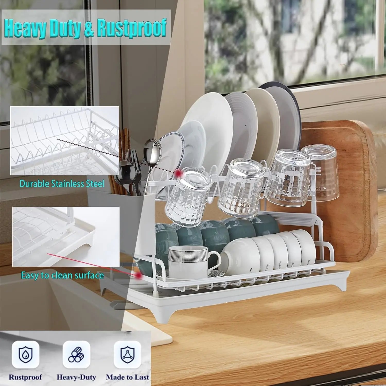 Two-tier dish rack for kitchen with dishes, cups, and cutlery on countertop by window; callout notes suggest rustproof, easy-to-clean surface