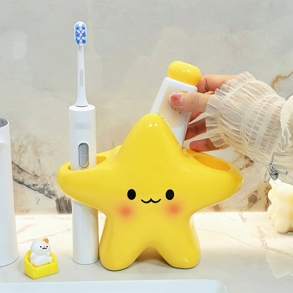 Sunny Star Freestanding Toothbrush Holder with Smiling Face for Bathroom Counter Organization – Yellow Plastic