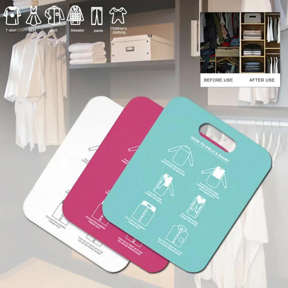 Plastic folding boards in light blue and white shown in a tidy closet with a before and after organization comparison.