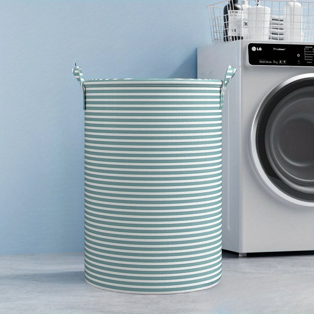 Blue striped round laundry basket in front of a washing machine