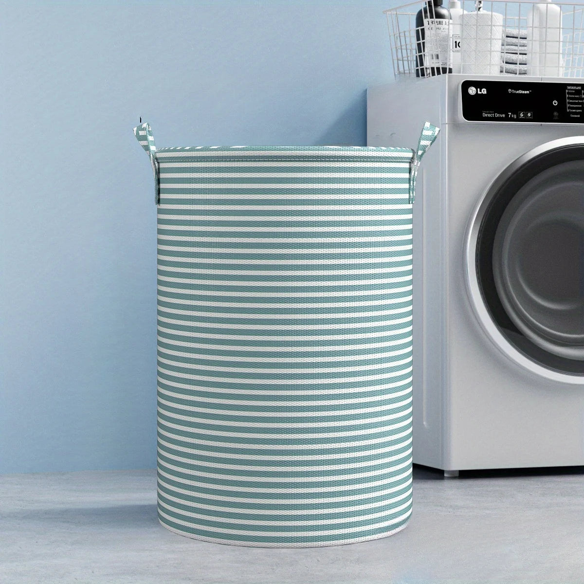 Blue striped round laundry basket in front of a washing machine