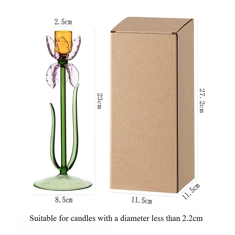 Iris Flower Glass Taper Candle Holder for Dining Table & Cozy Decor, Pink or Yellow