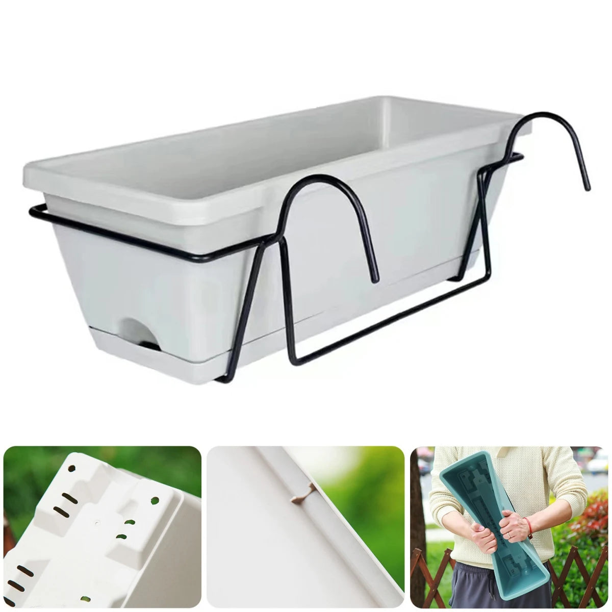 Light grey rectangular railing planter in a black hanging rack, with close-ups of drainage features and a person holding the planter
