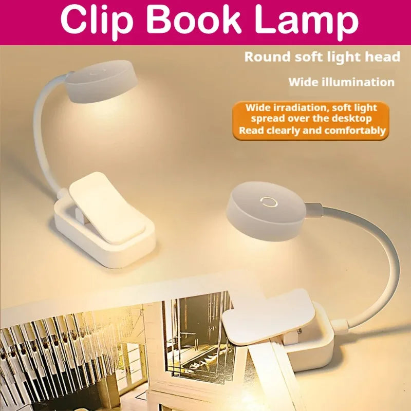White clip-on LED book lamp softly illuminating desk and book, showing flexible neck and touch button control