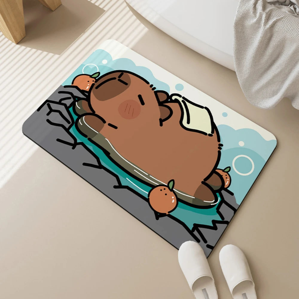 Capybara print bathroom floor mat near a bathtub and white slippers