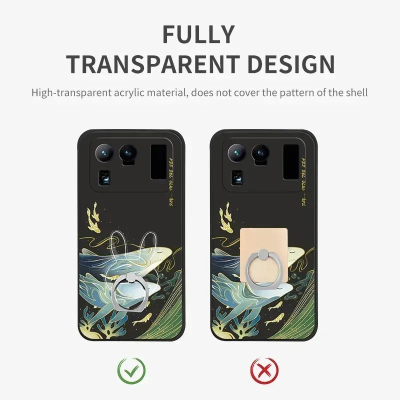 Demonstration of a transparent bunny ring holder blending into a phone case versus an opaque square design