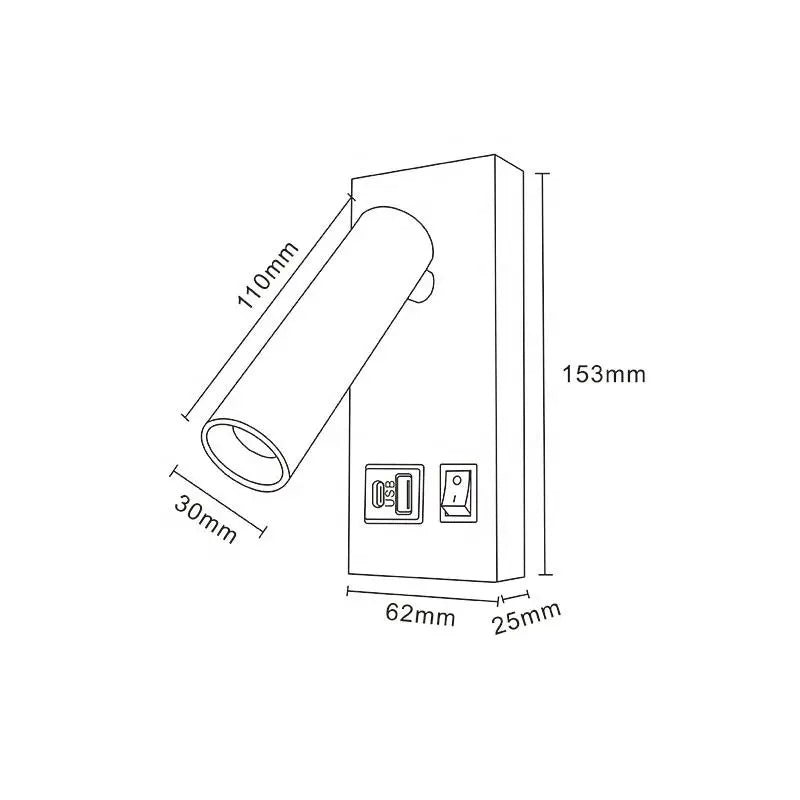 Technical diagram with dimensions of the adjustable wall-mounted reading lamp