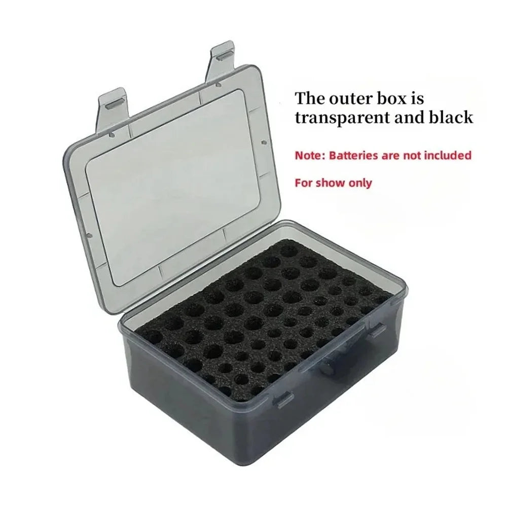 Empty battery organizer case in transparent black, foam insert with slots visible, lid open for display