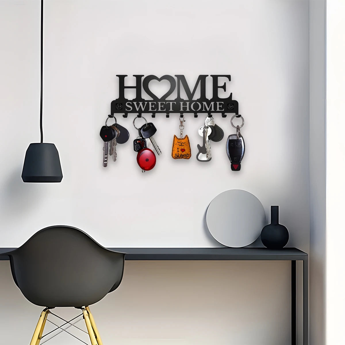 Wall-Mounted Black Metal Key Rack with 10 Hooks