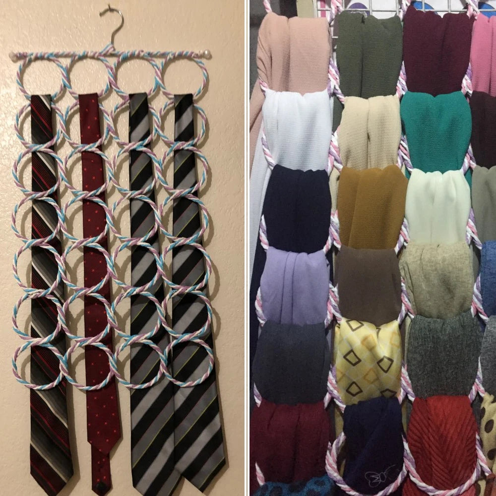 Rattan scarf and tie organizer holding ties on the left and a variety of scarves on the right
