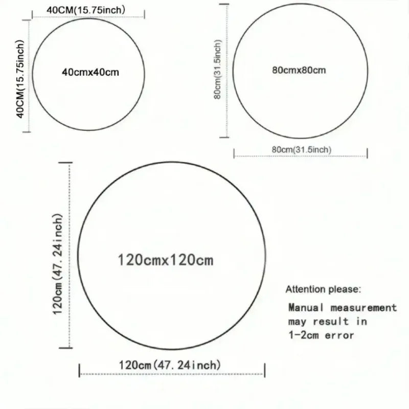 size chart showing three available round rug diameters: 40cm, 80cm, and 120cm