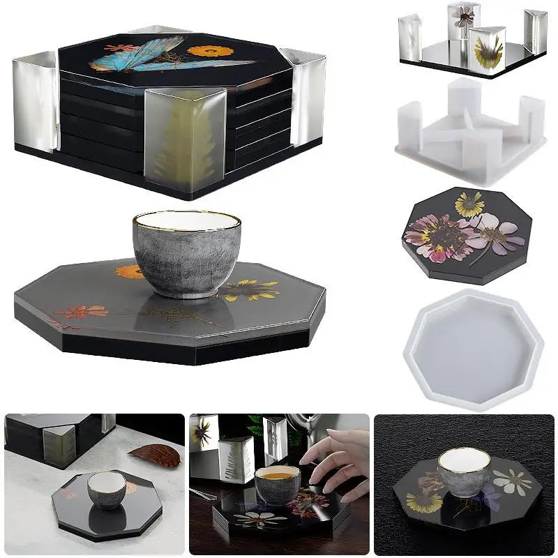 Octagon resin coasters and holder molds shown with finished resin drink coasters