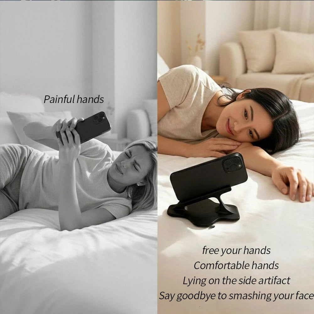 Split comparison showing hands-free phone holding using black stand versus holding by hand