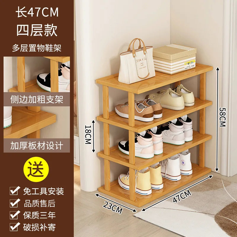 four-tier wide bamboo shoe rack showing dimensions, storing several pairs of shoes