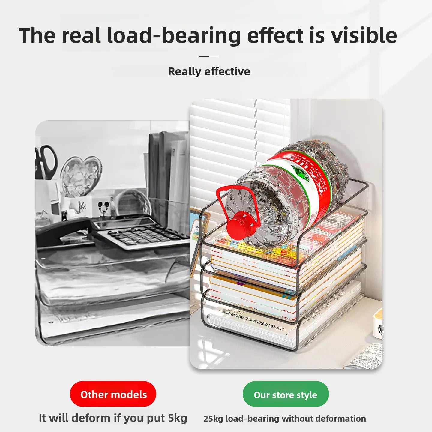 Comparison showing document tray load-bearing with books and large water bottle