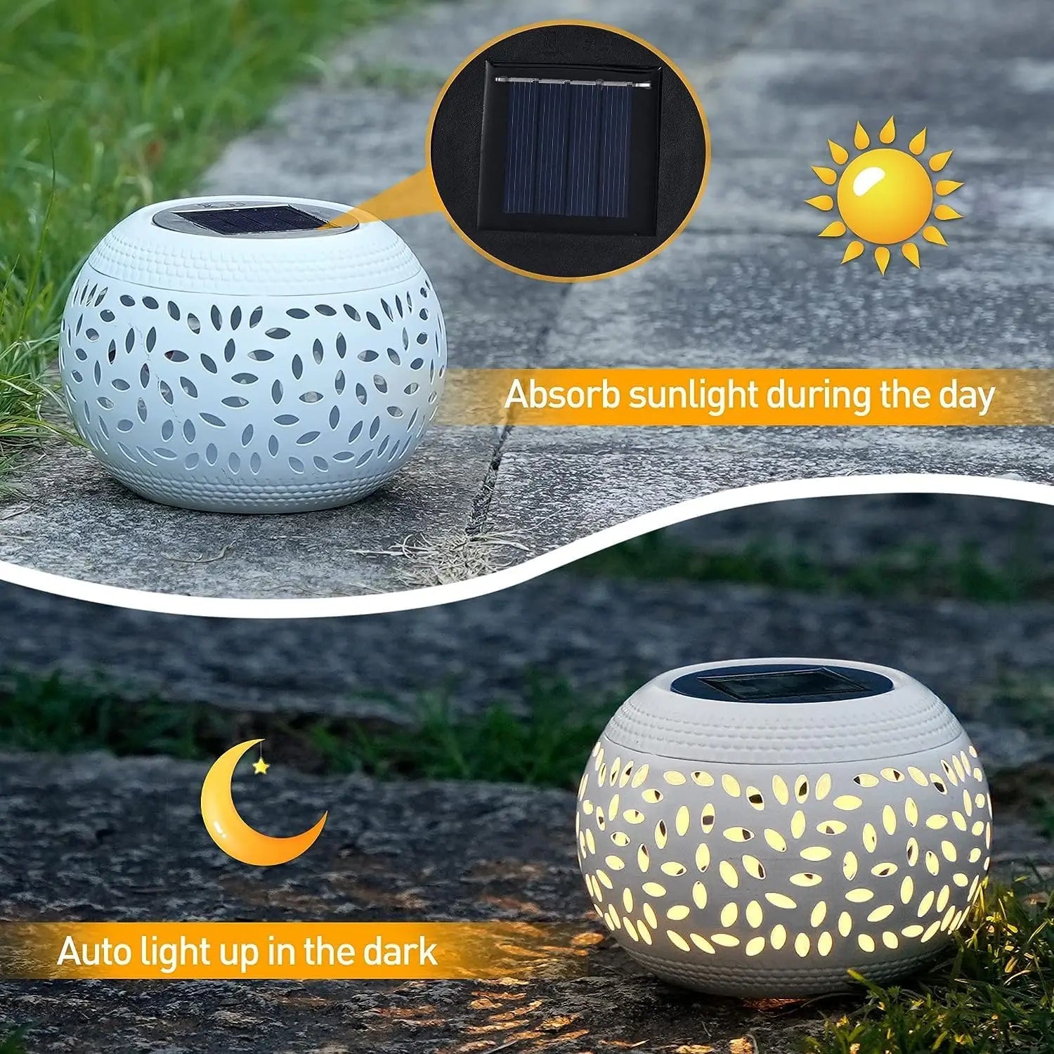 Solar powered metal lantern with daylight charging and nighttime glow shown