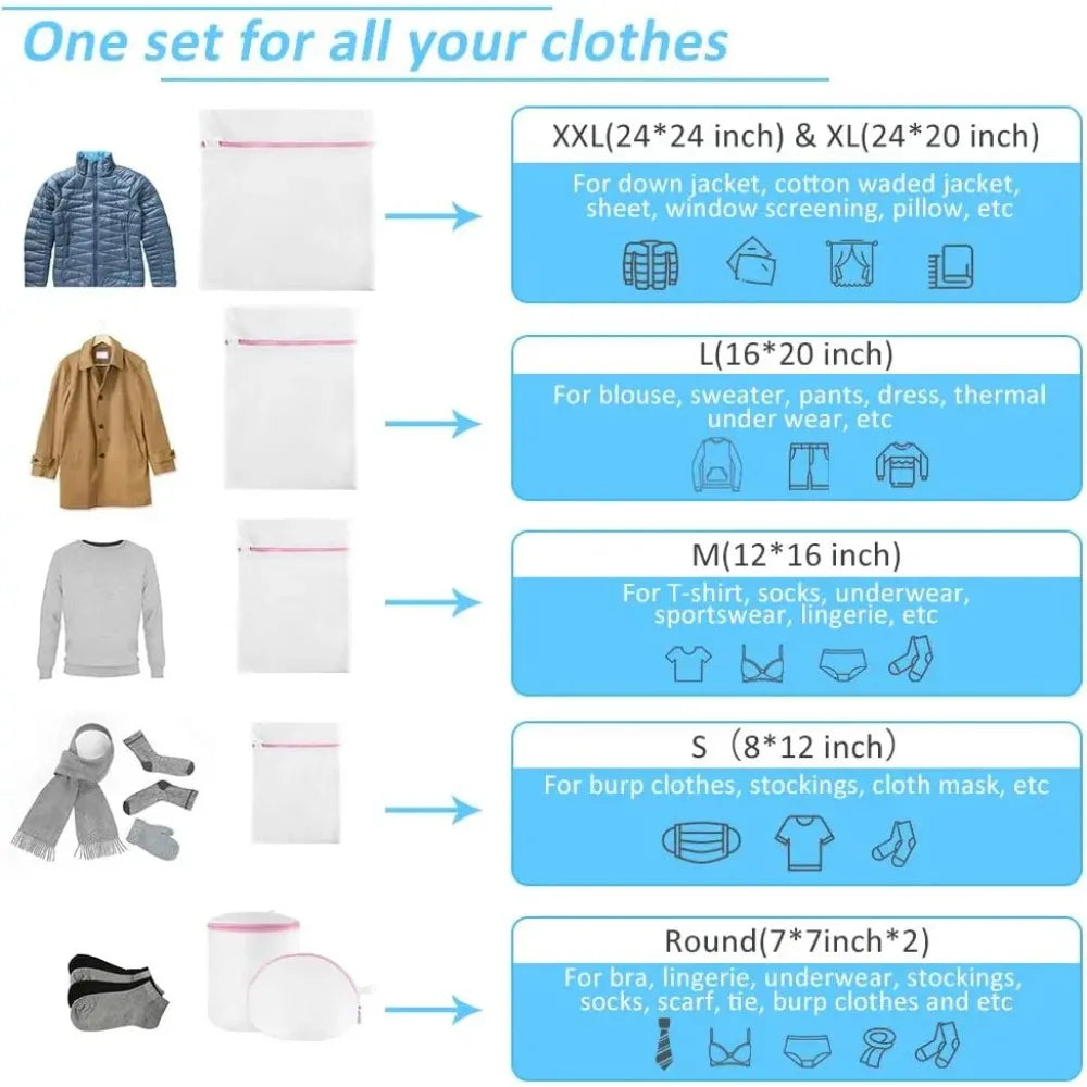 Infographic showing different clothing types sorted by mesh laundry bag sizes
