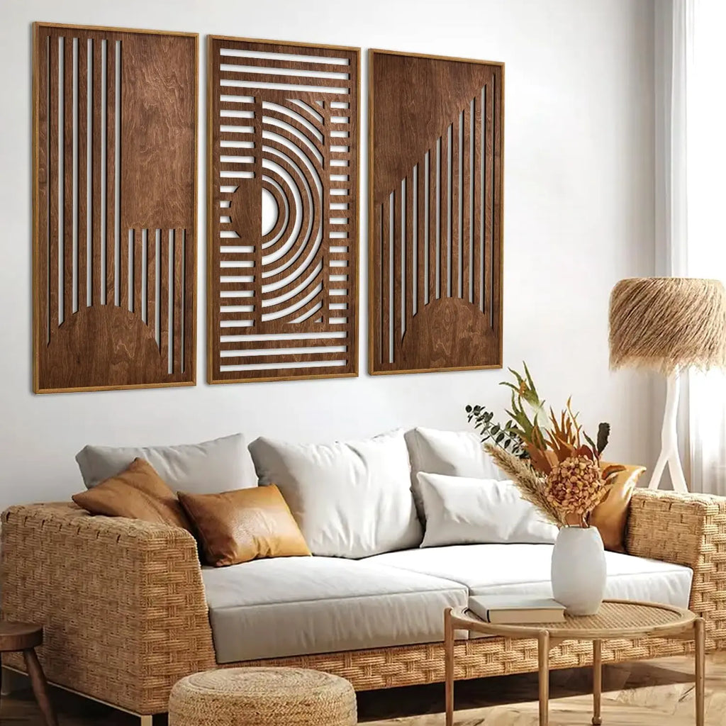 Orla Geometric Wood Wall Art Set – 3 Piece Boho Panel Decor