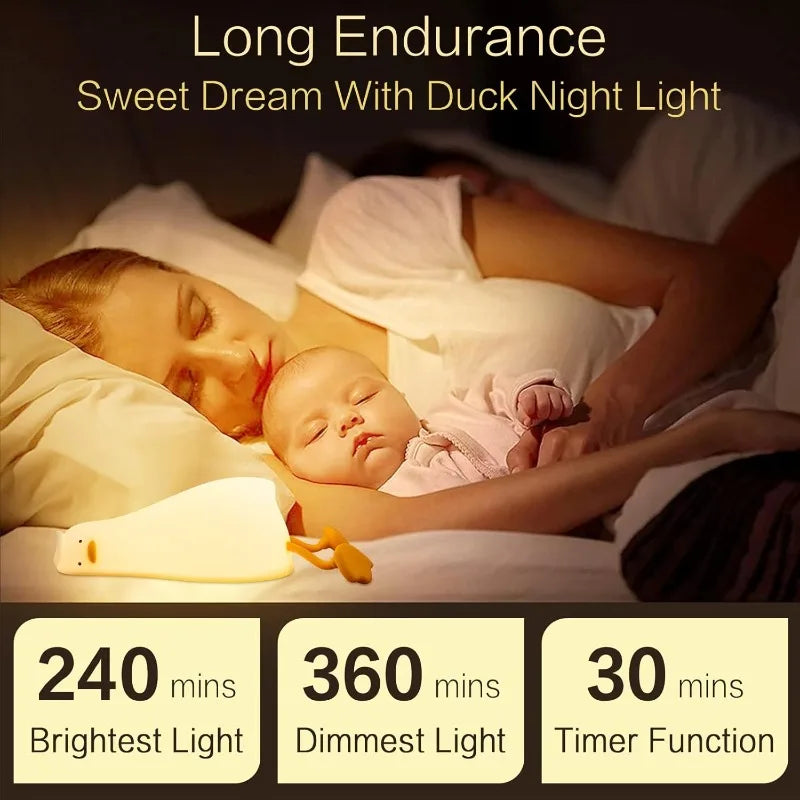 Mother and baby sleeping with duck night light, with icons for timer and brightness settings