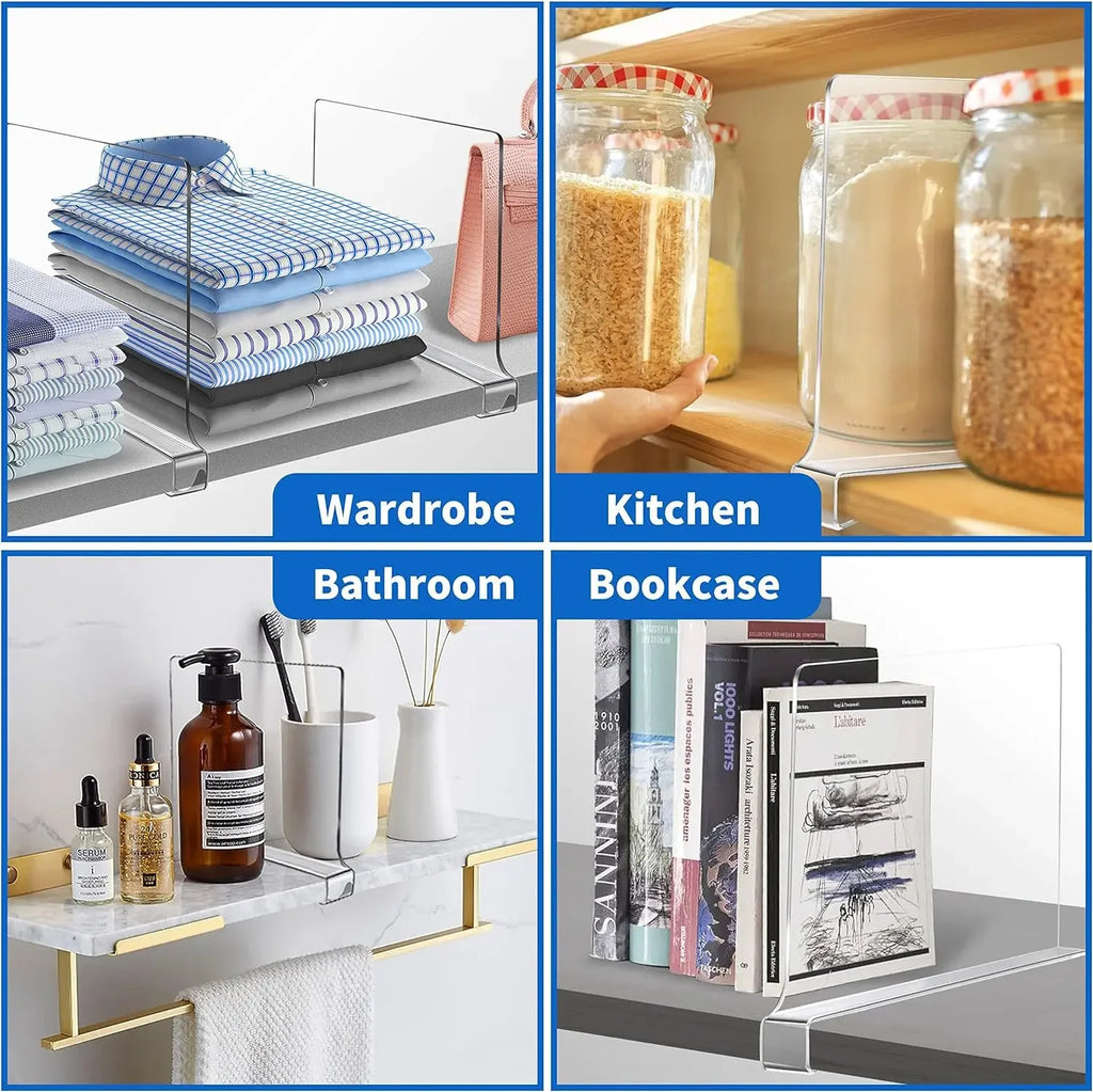 Collage showing clear shelf dividers used in wardrobe, kitchen pantry, bathroom shelf, and bookcase with labeled sections