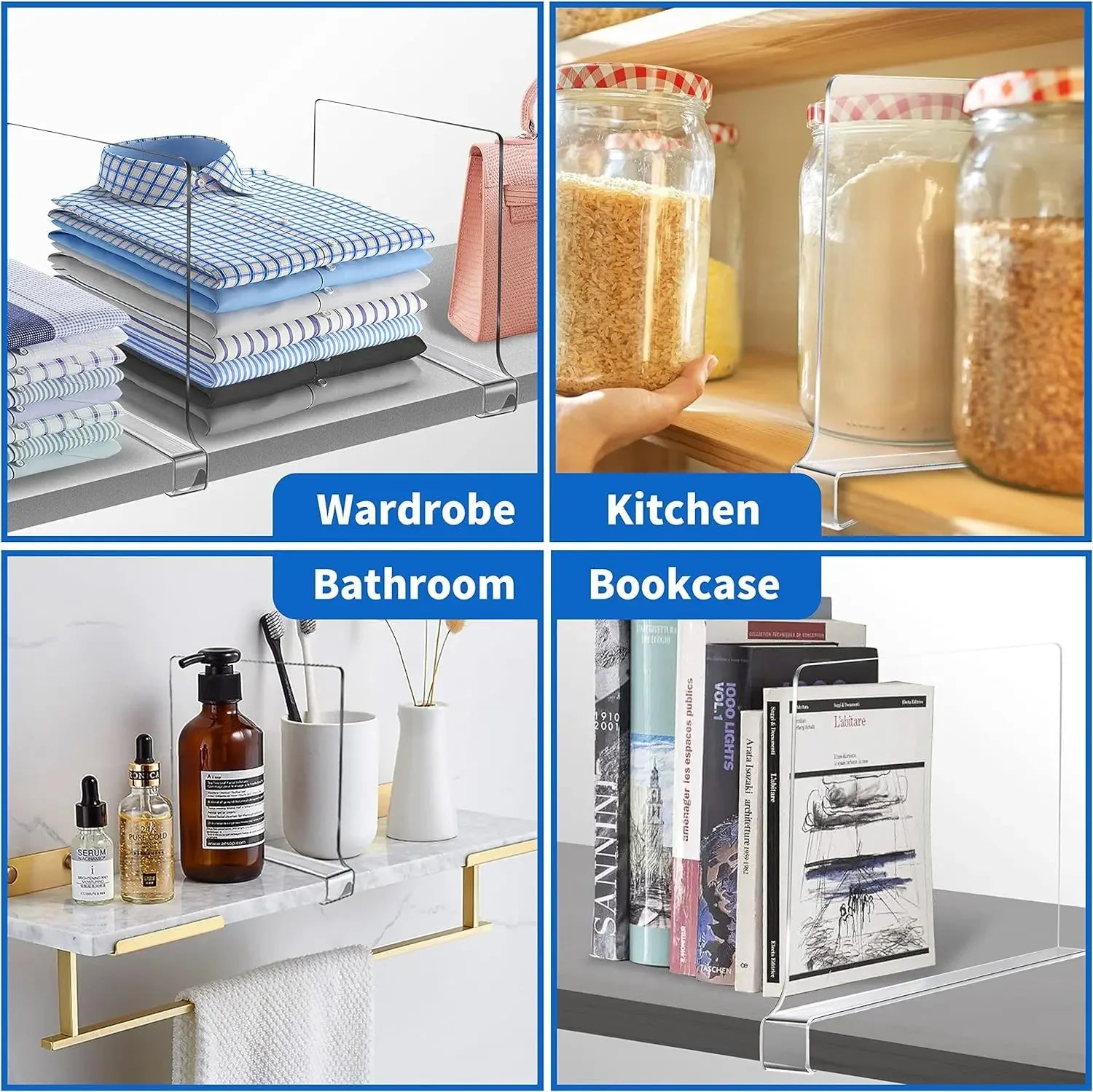 Collage showing clear shelf dividers used in wardrobe, kitchen pantry, bathroom shelf, and bookcase with labeled sections