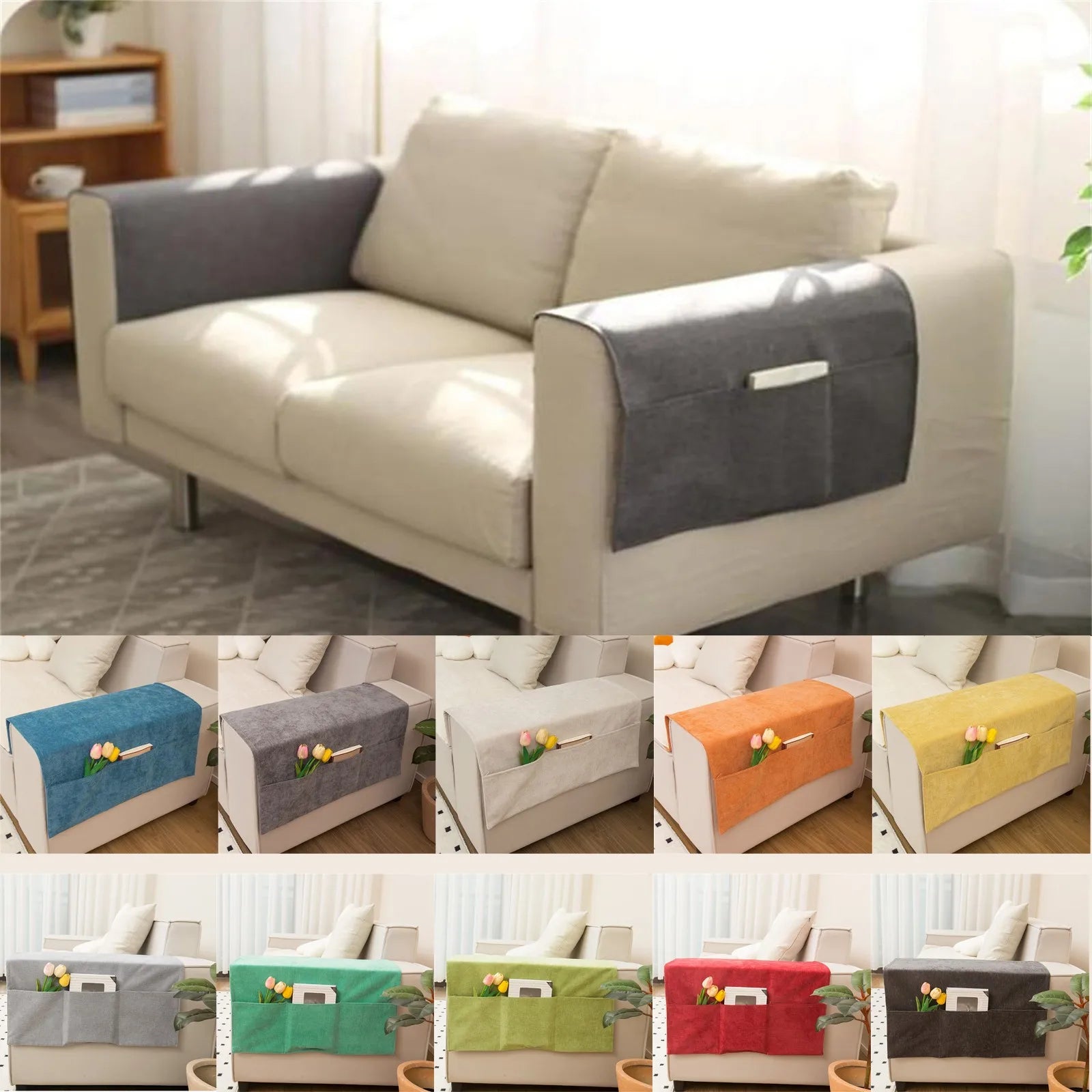 Various colors of fabric sofa armrest organizers draped over sofa arms in living room setting