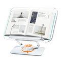 Adjustable acrylic book stand with an open book, page clips, and 360 degree swivel base