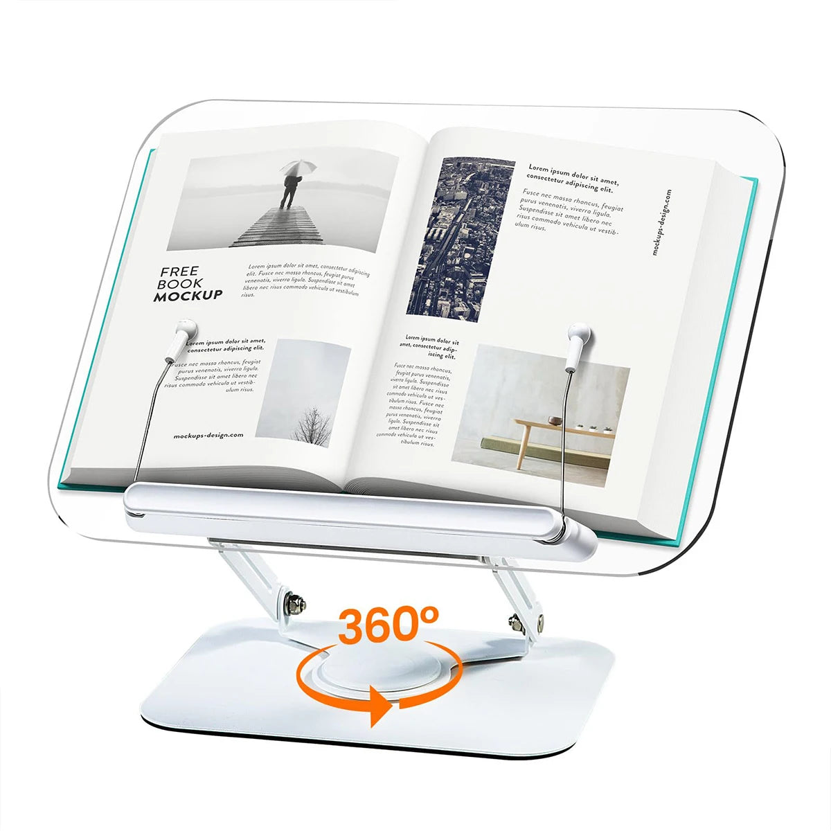 Adjustable acrylic book stand with an open book, page clips, and 360 degree swivel base