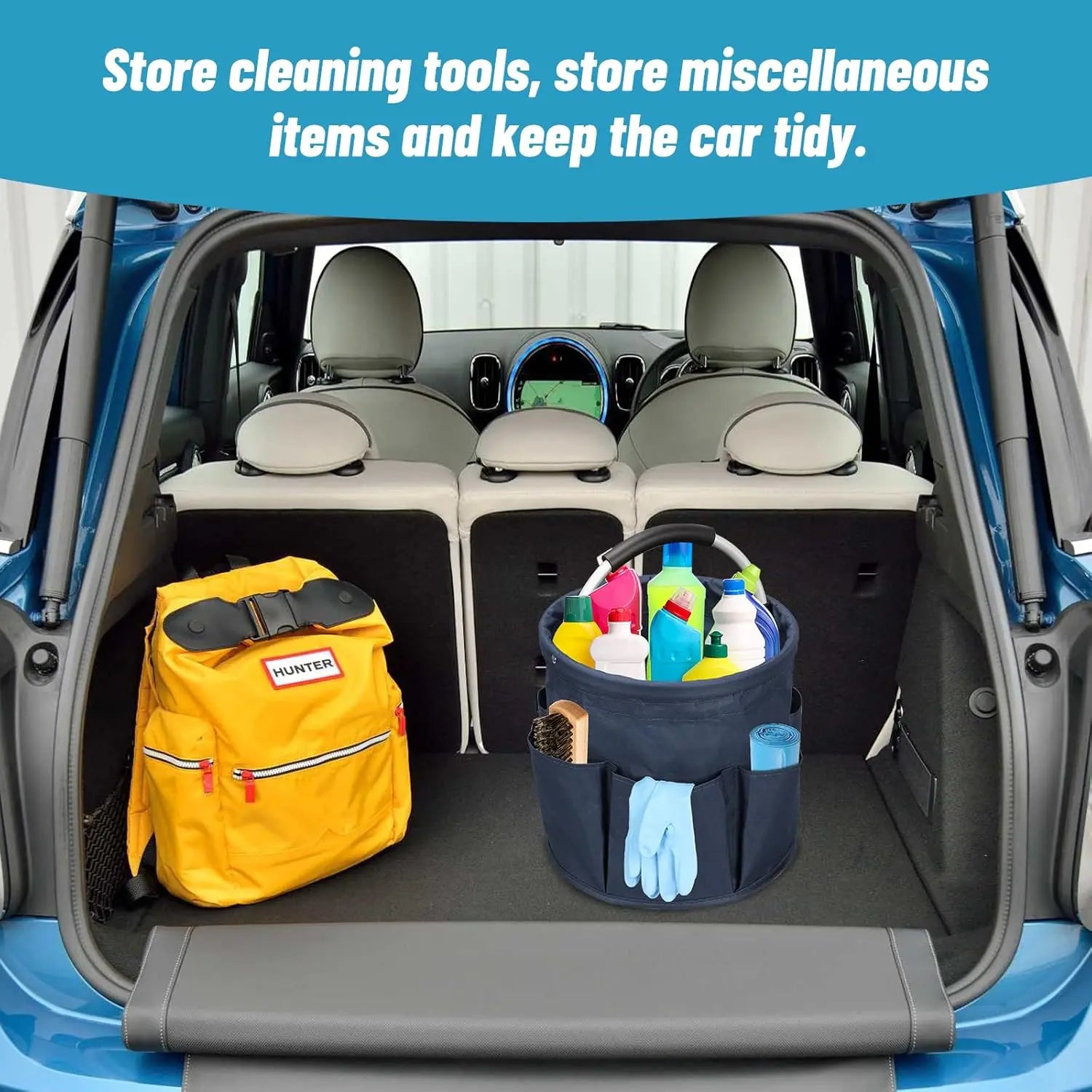 Cleaning caddy organizer placed in a car trunk with cleaning products for tidy storage
