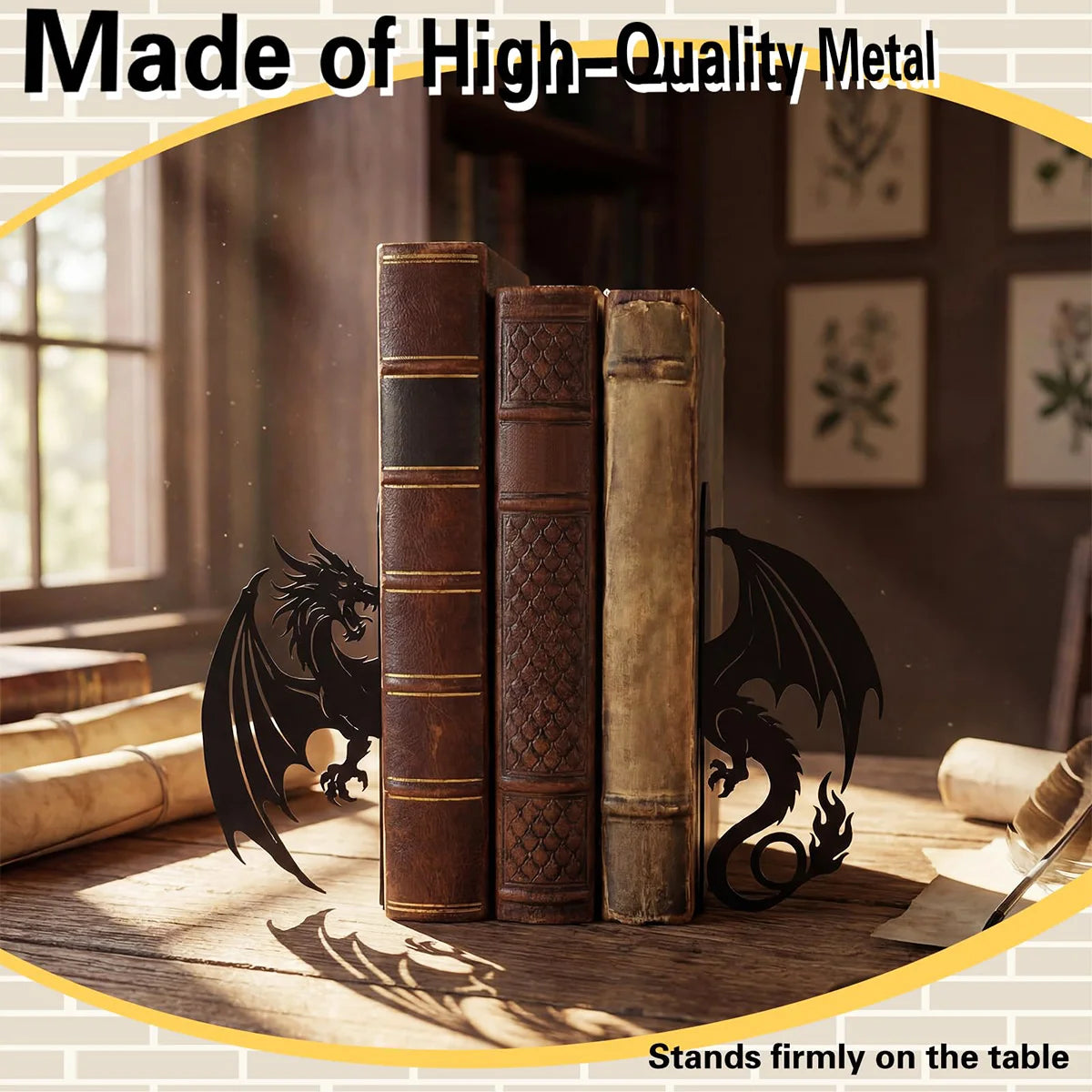 Metal dragon bookends displayed with antique books on a wooden desk in a study