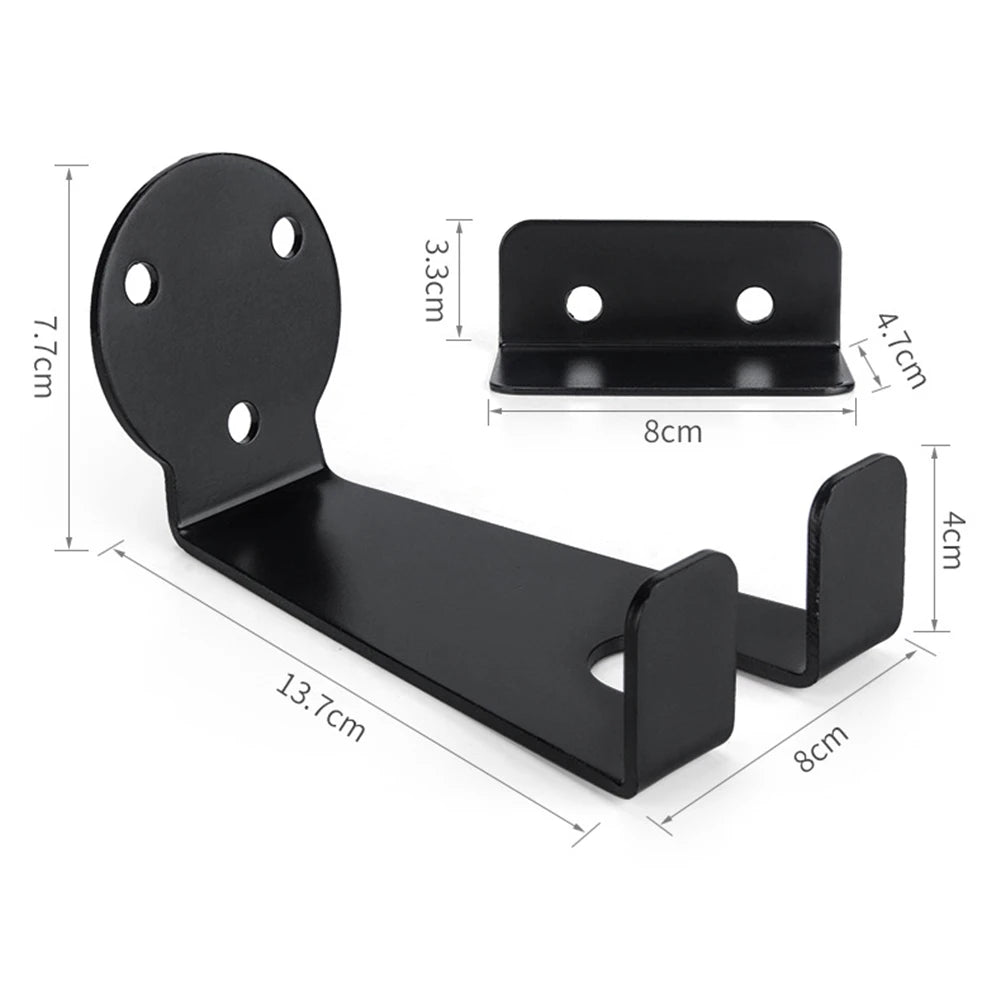 Black metal wall-mounted bike rack with visible measurements for each piece