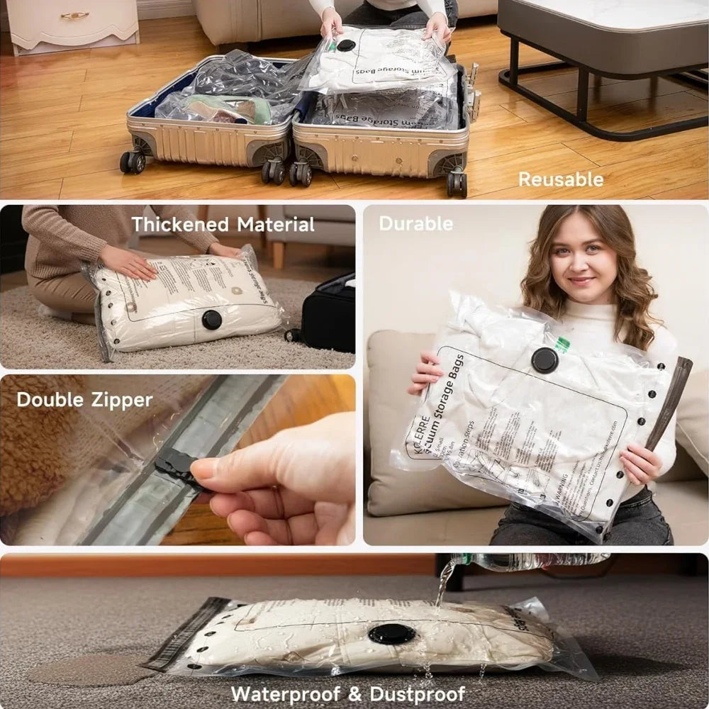 woman using vacuum storage bag for packing and storing pillows and clothes at home