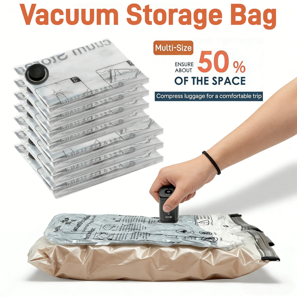 stacked vacuum storage bags and hand compressing bag with black pump