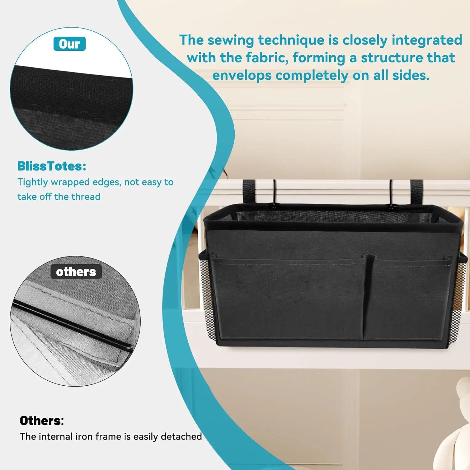 Back view of black bedside caddy showing tight stitching and construction details with comparison illustration