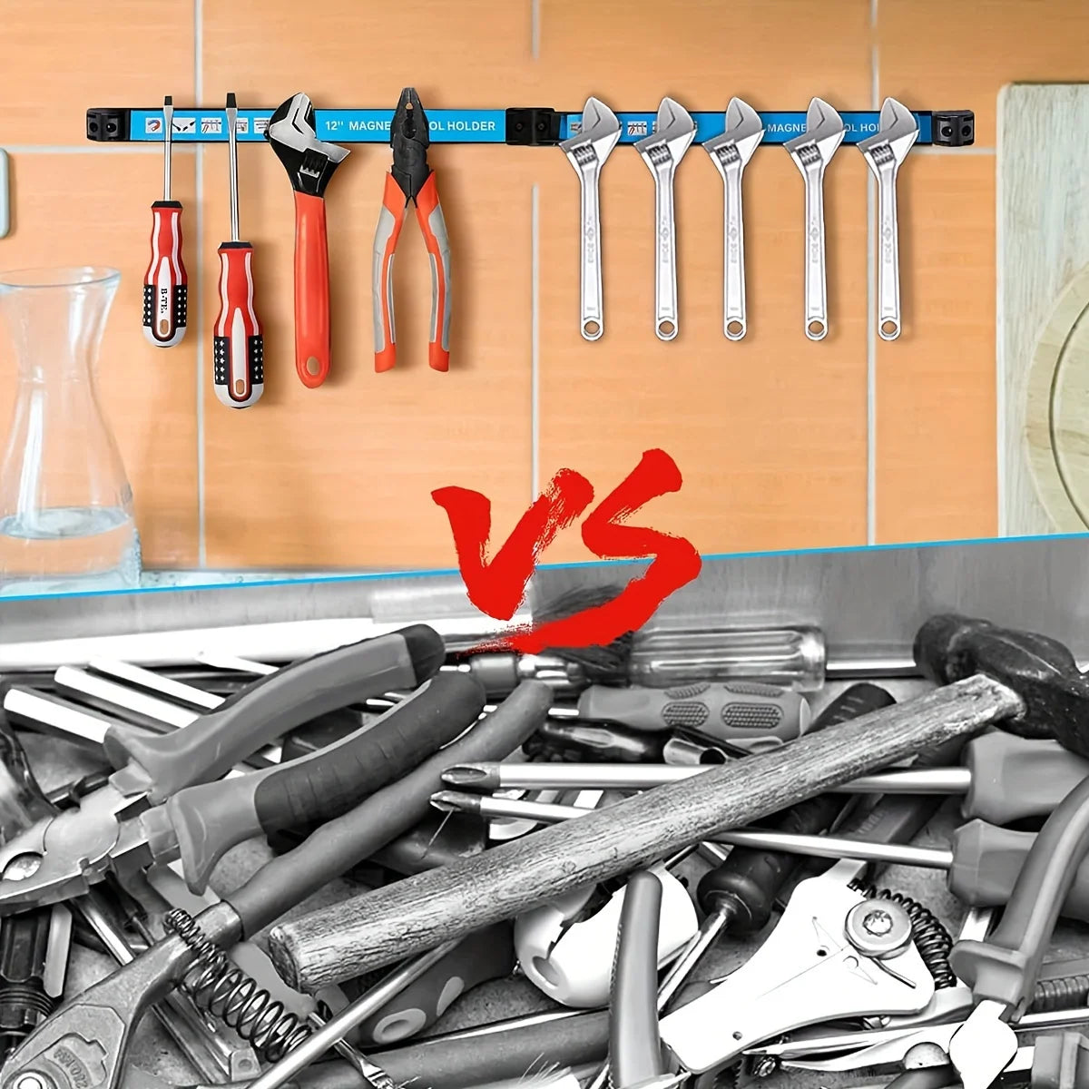 Wall-Mounted Magnetic Tool Holder Strip for Kitchen, Garage, or Workspace