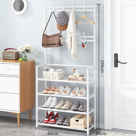Metal Entryway Organizer Rack with 3–5 Shelves & 8 Hooks for Shoes, Coats, Hats, and Accessories