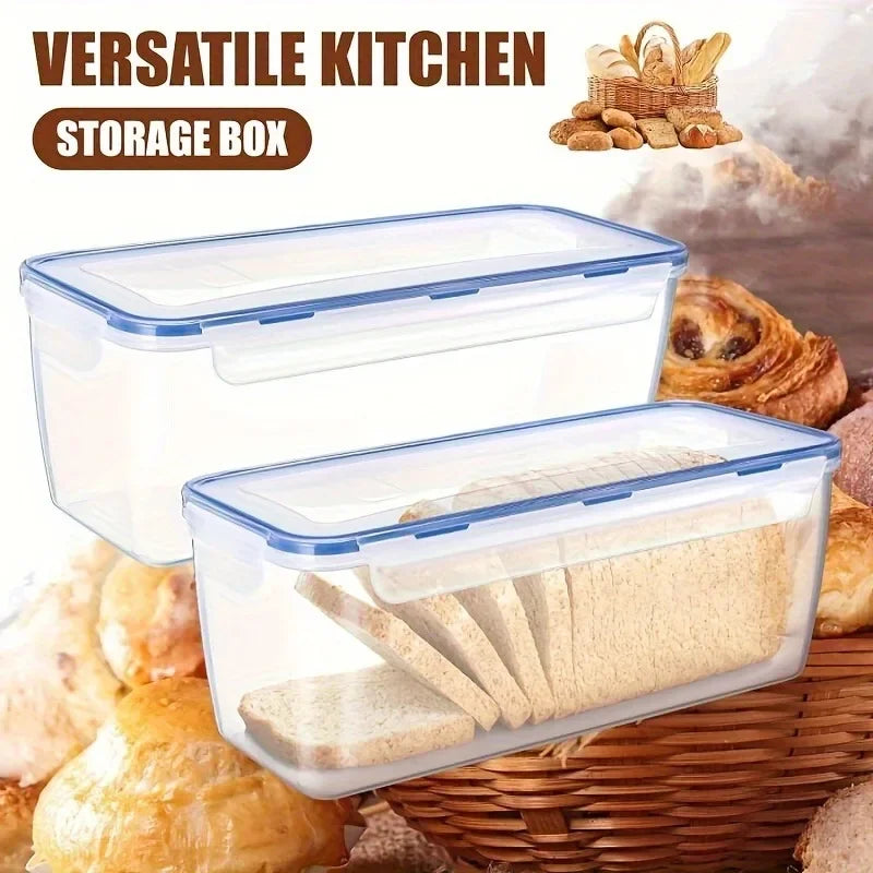 set of two plastic bread storage boxes on a kitchen surface, filled with bread slices