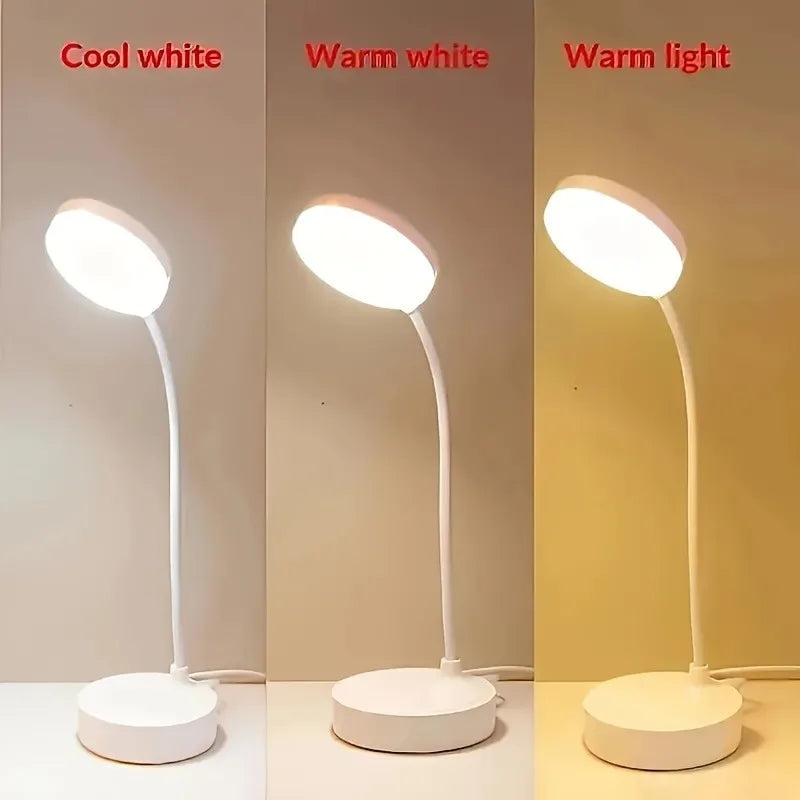 Three flexible LED desk lamps displaying cool white, warm white, and warm light color temperatures