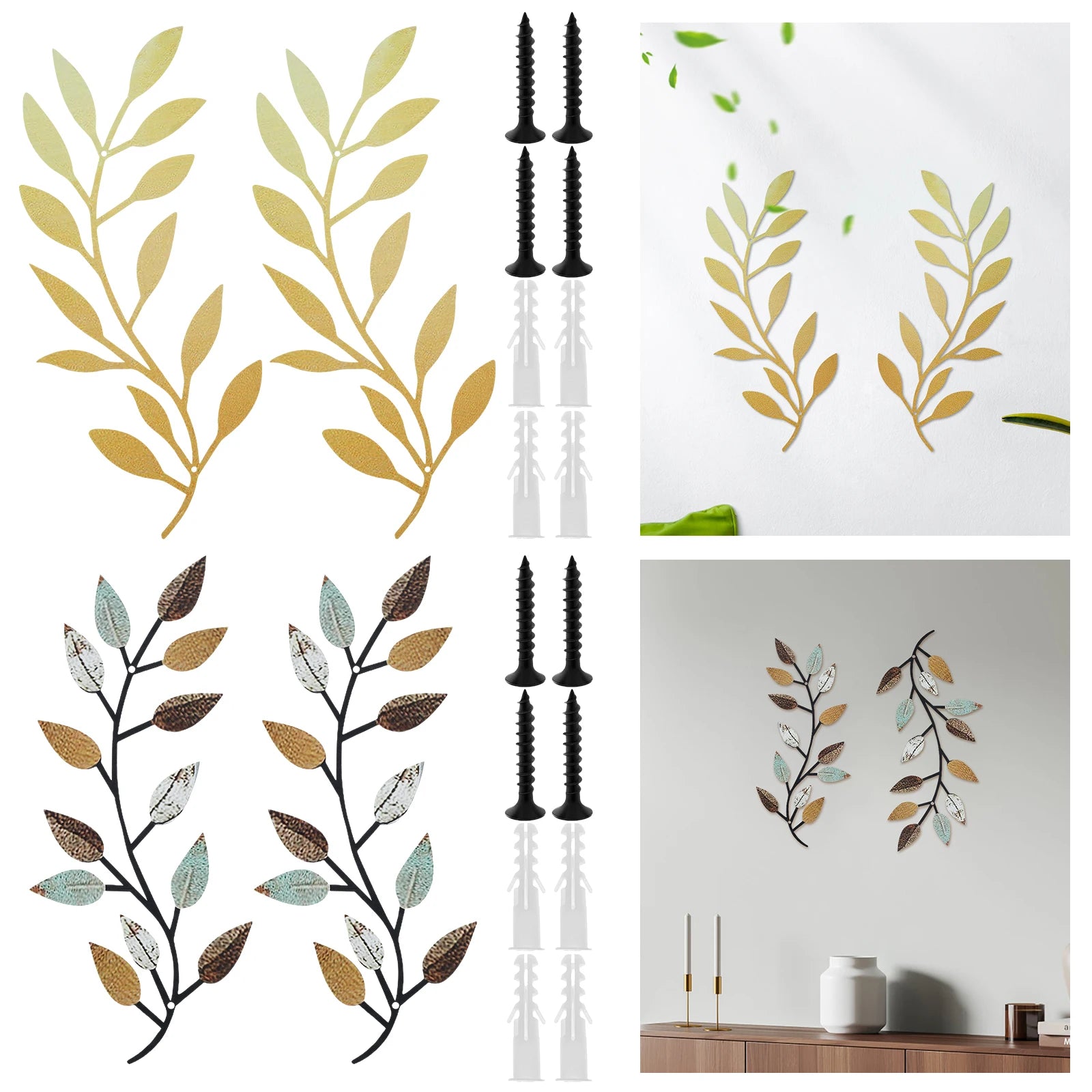 Both colorways of olive branch metal wall art, installation hardware, and wall styling ideas