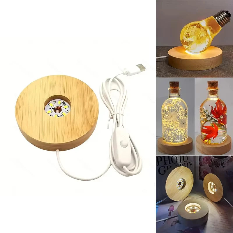 Wooden LED light base shown with USB cord and examples illuminating decorative bottles