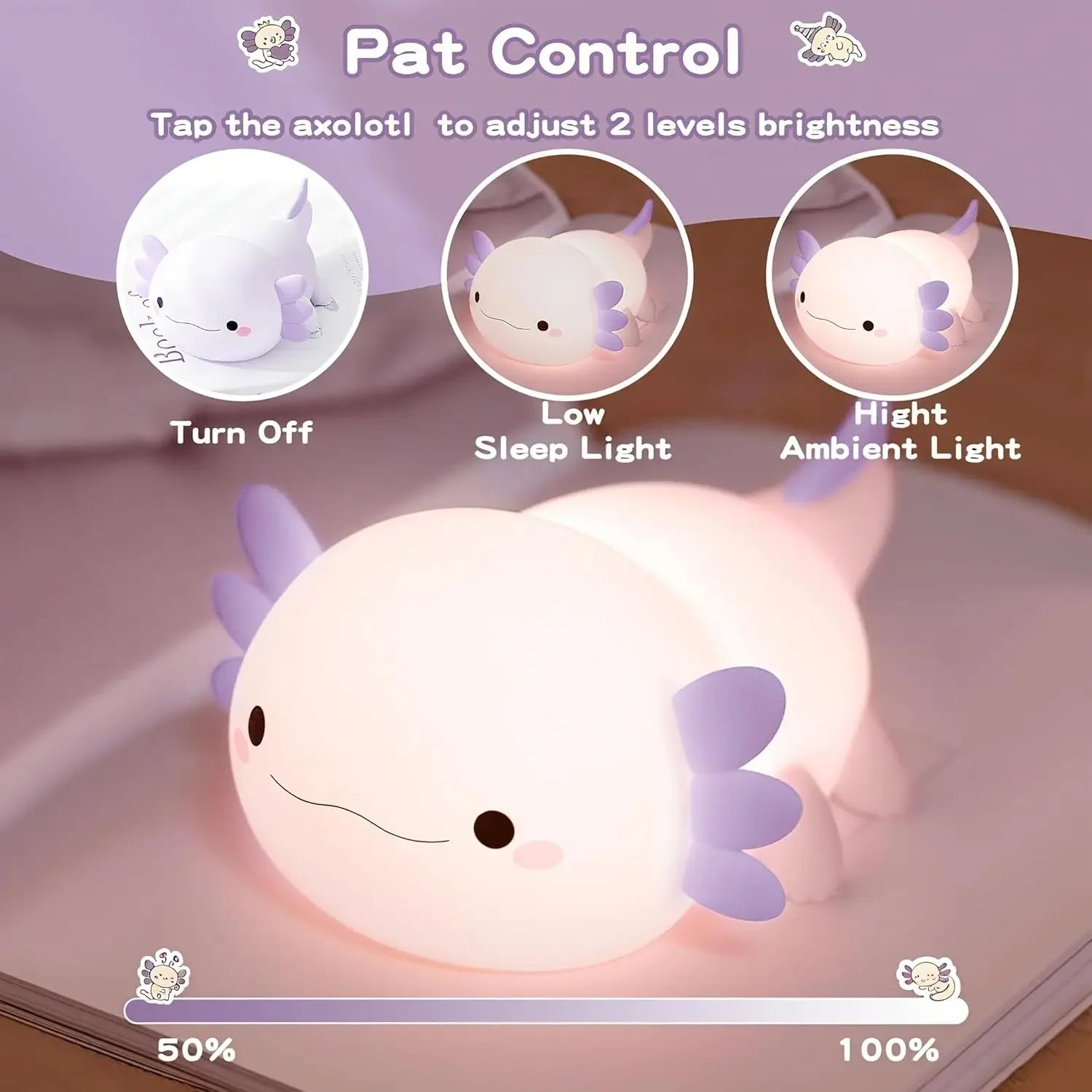 Axolotl night light showing tap control for two brightness levels
