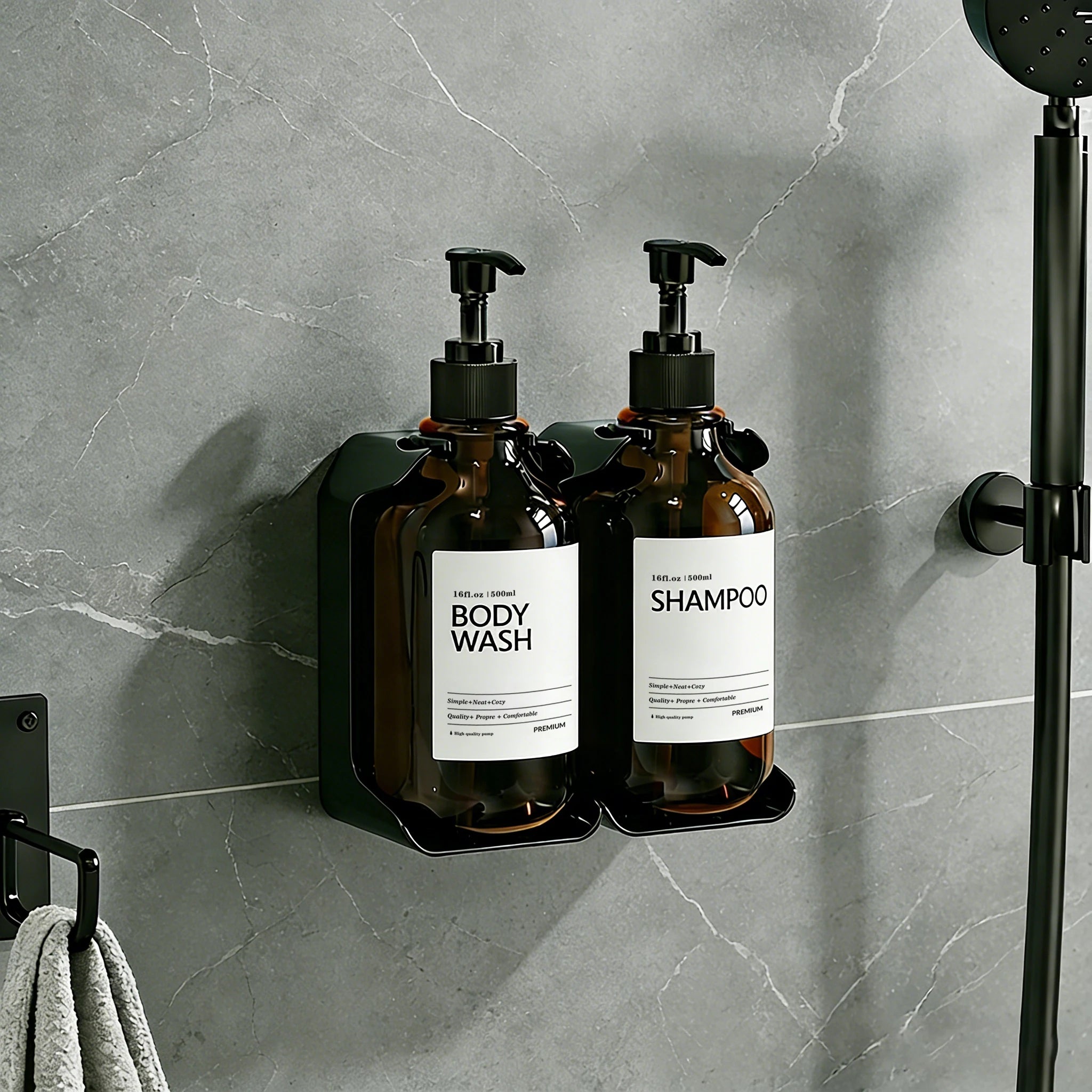 two bottle wall-mounted amber dispenser set installed on shower wall