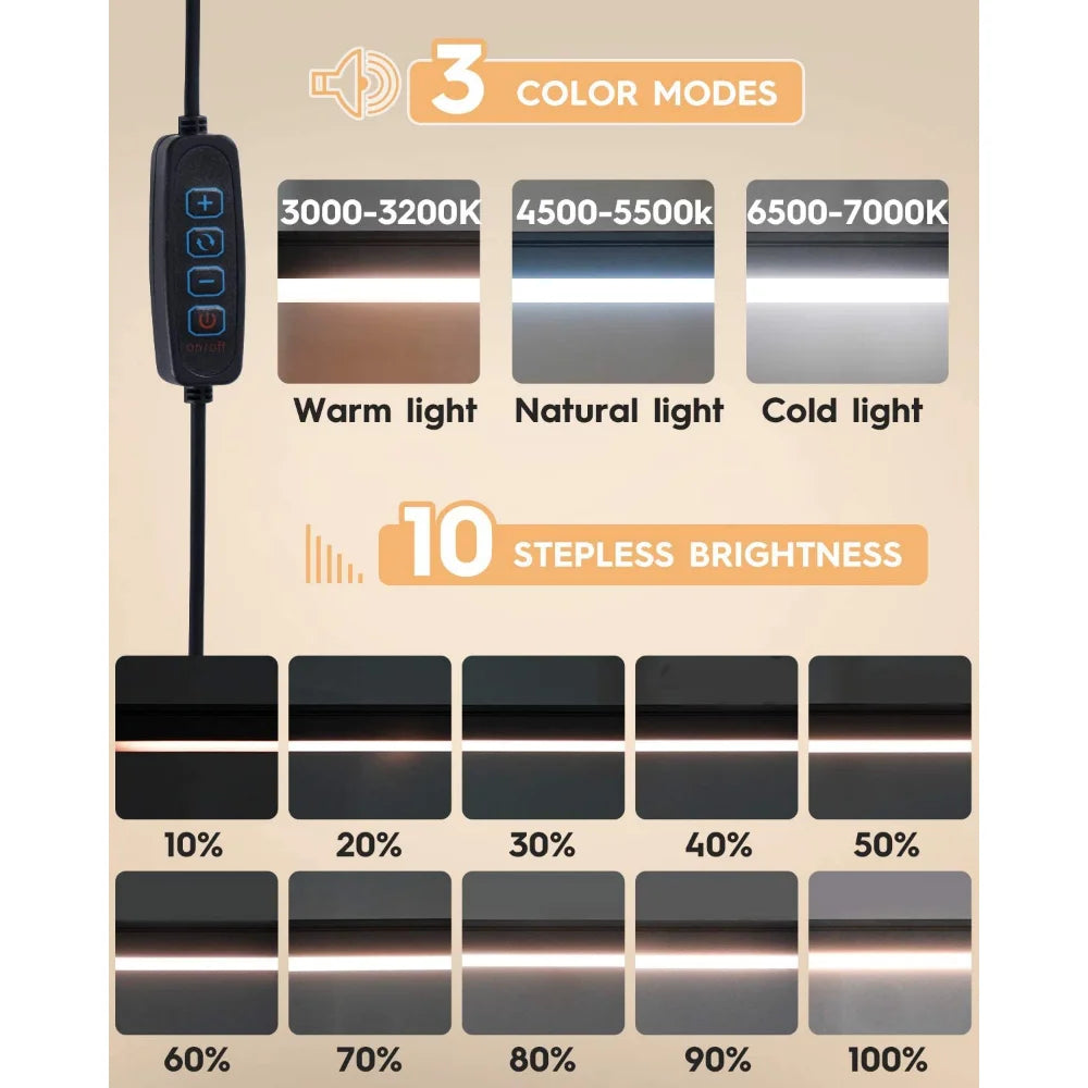 LED desk lamp touch control close-up with warm, natural, and cold light color modes and 10 brightness levels