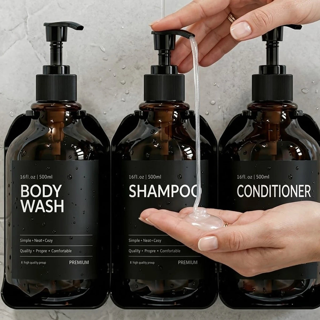 amber bottle shower dispensers dispensing shampoo into a hand