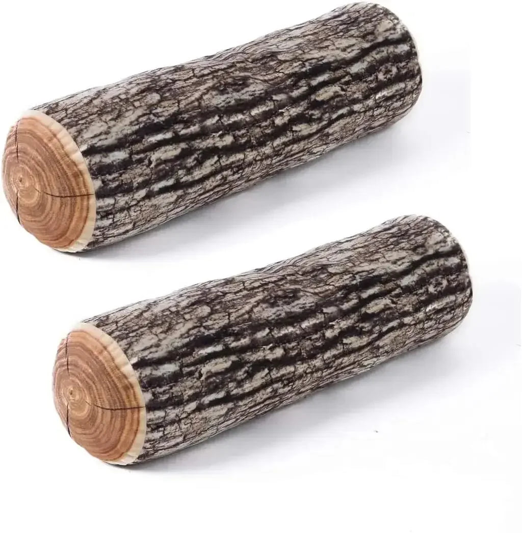 pair of log throw pillows with detailed bark print