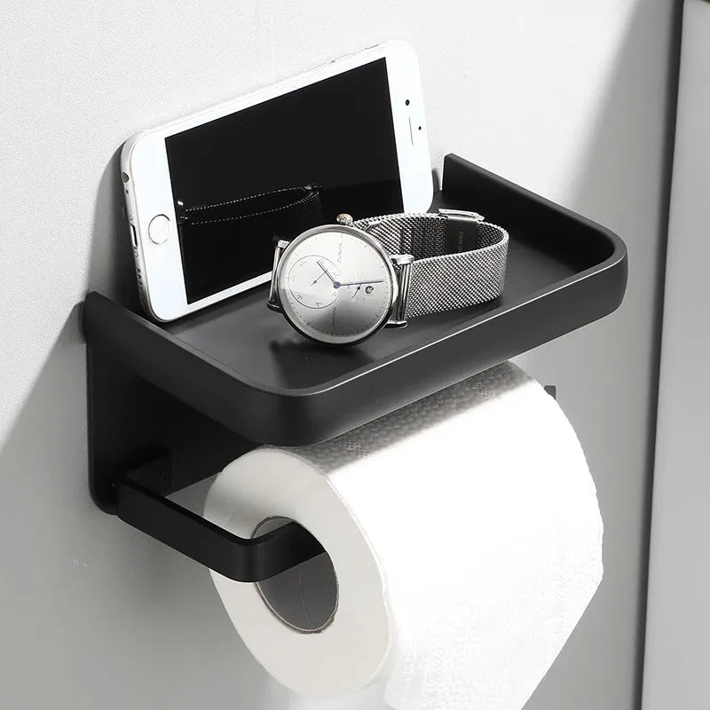 Aluminum Wall-Mounted Toilet Paper Holder with Storage Shelf for Bathroom Organization