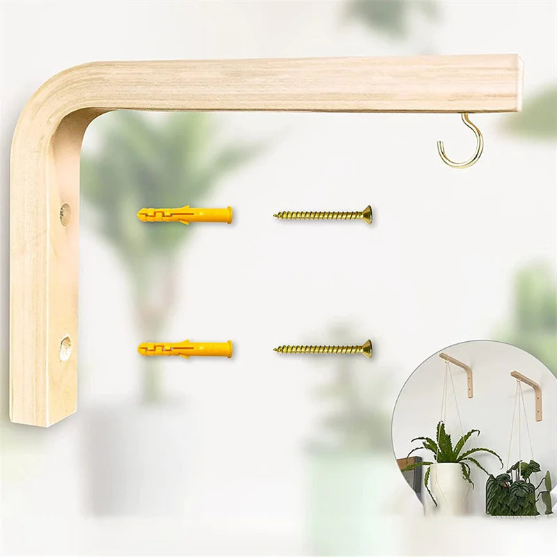 Single wood wall plant hanger with mounting hardware and in-use example with hanging plants