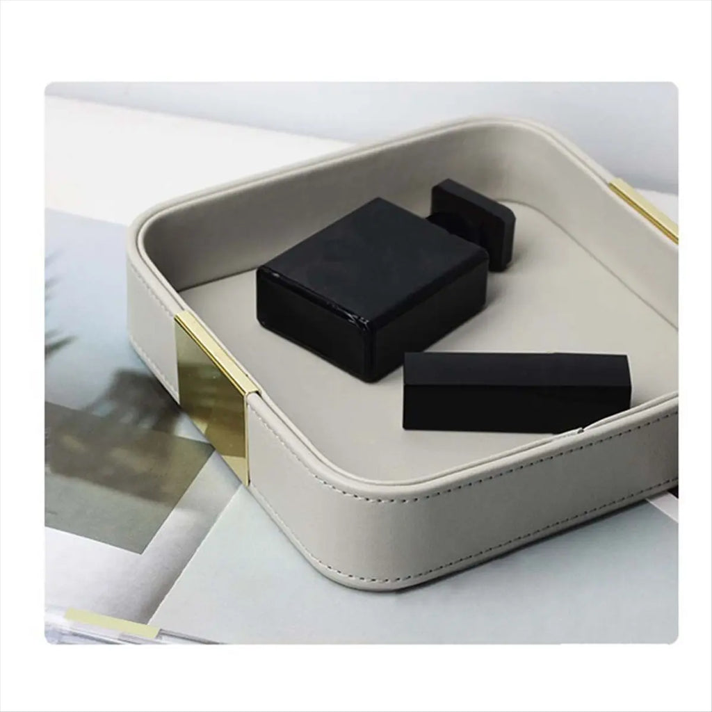Square PU Leather Catchall Tray with Gold Accent for Entryway, Dresser, or Nightstand